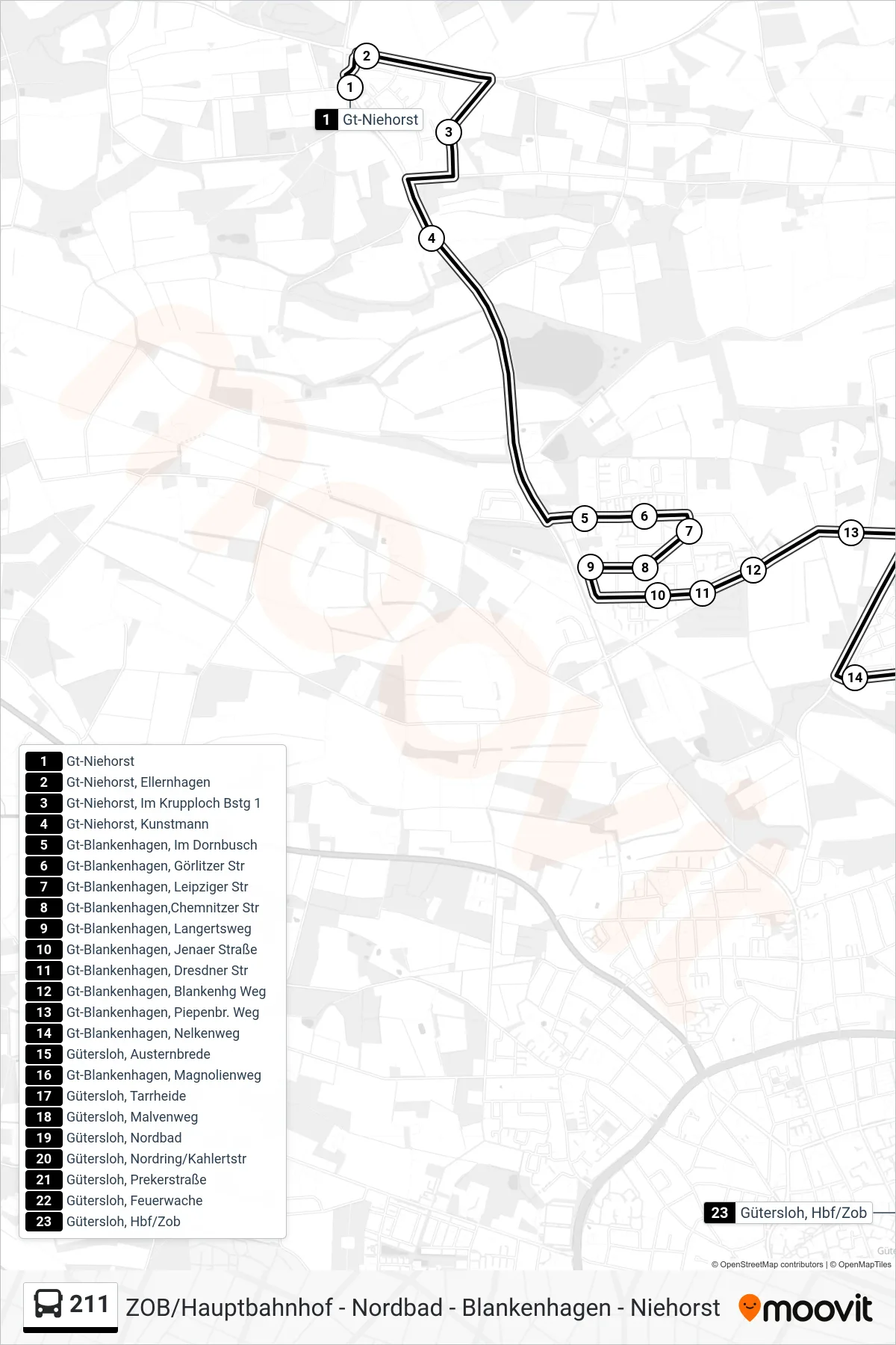 Linie 211 (Bus) Richtung Gütersloh, Zob: Route und Haltestellen auf der Karte