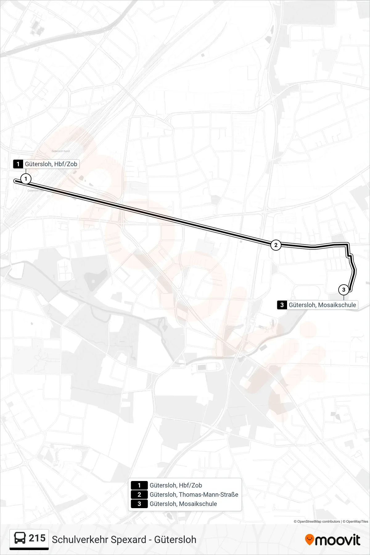 215 bus Line (Gütersloh, Mosaikschule) route and stops on a map