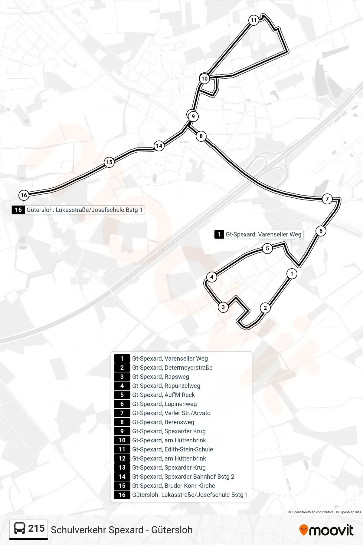 215 bus Line (Gütersloh. Lukasstraße/Josefschule Bstg 1) route and stops on a map