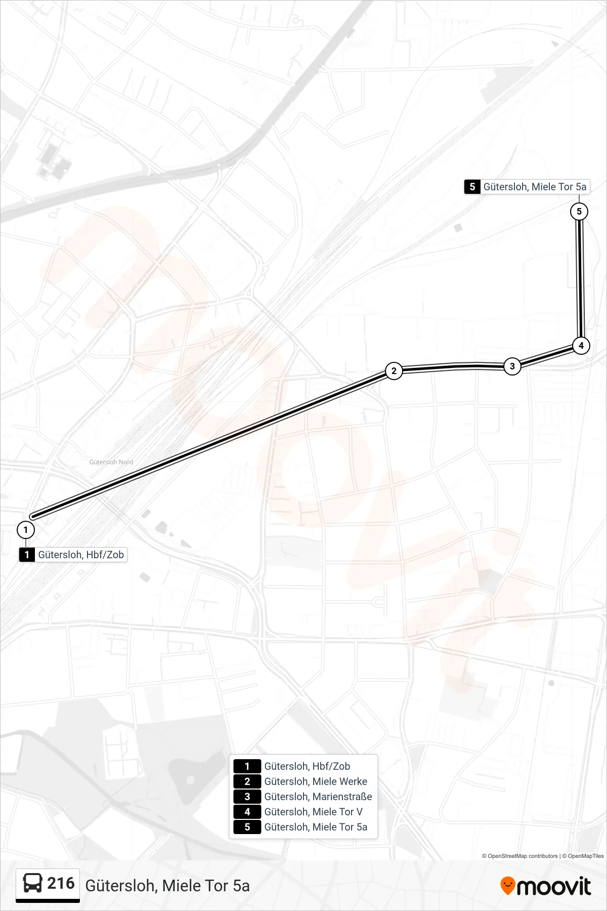 Linie 216 (Bus) Richtung Gütersloh, Miele Tor 5a: Route und Haltestellen auf der Karte