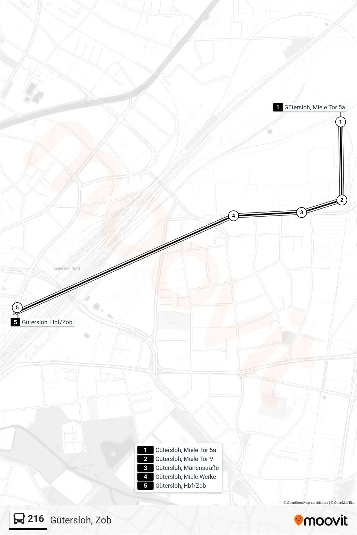 Linie 216 (Bus) Richtung Gütersloh, Zob: Route und Haltestellen auf der Karte