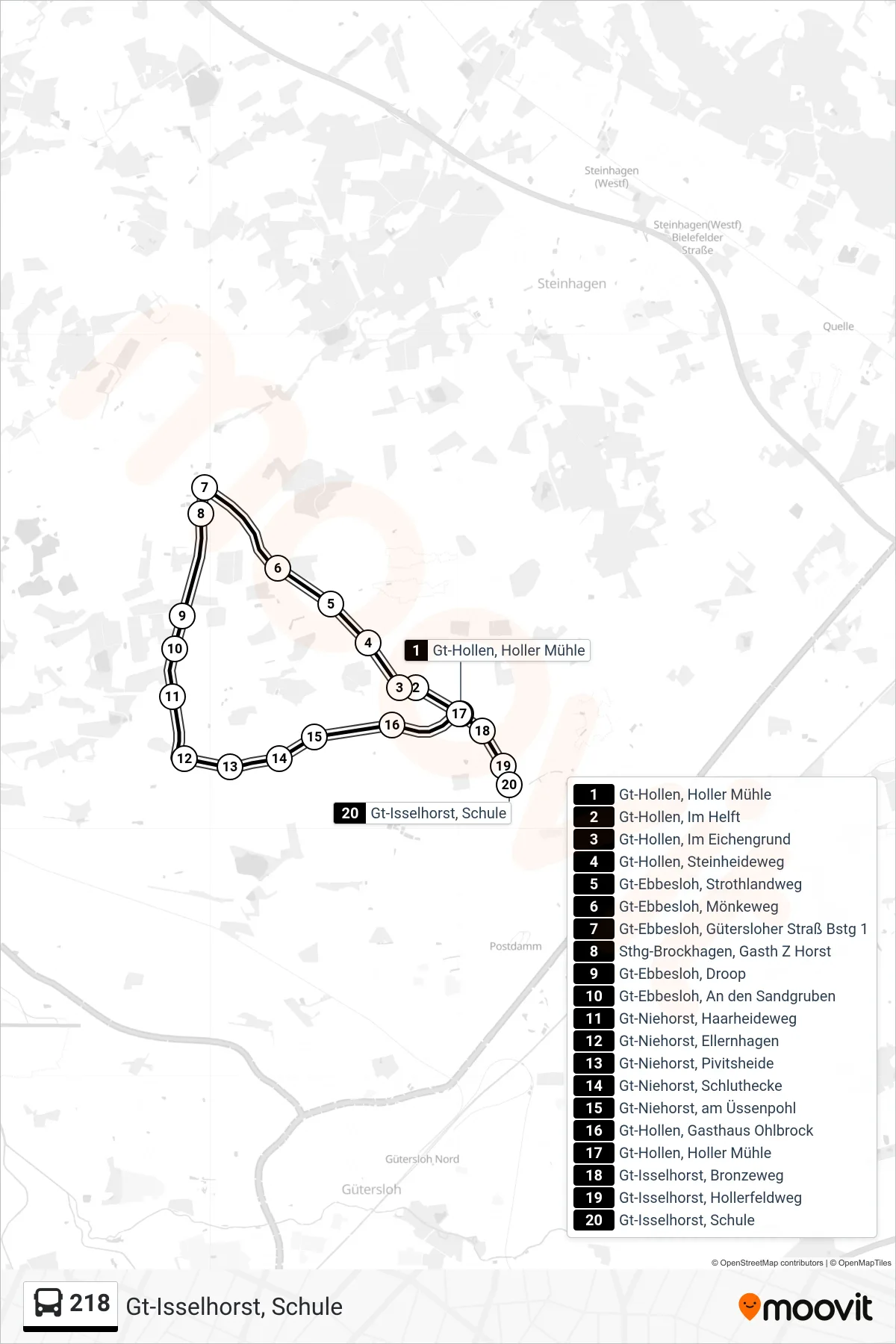 218 bus Line (Gt-Isselhorst, Schule) route and stops on a map