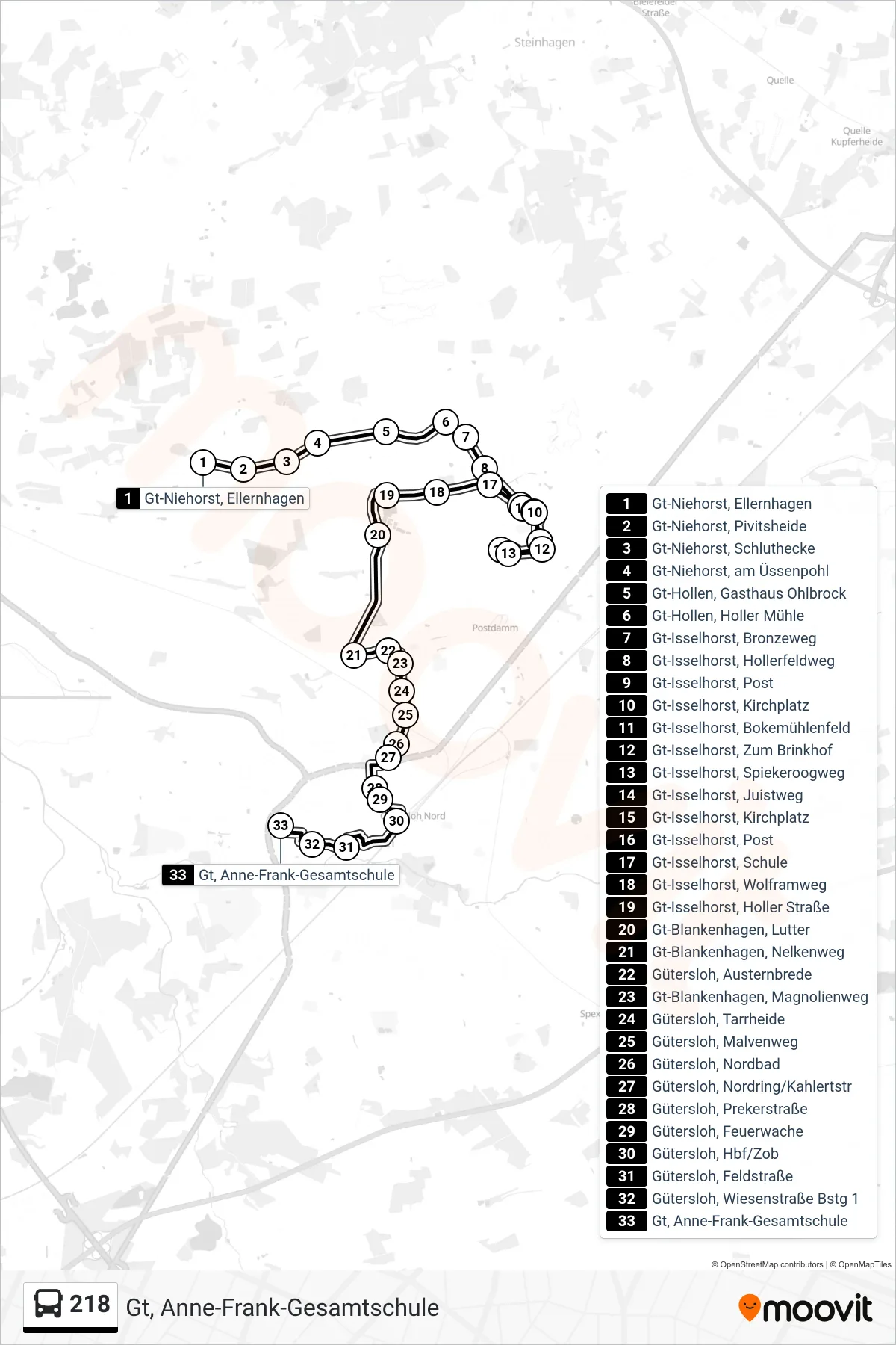 218 bus Line (Gt, Anne-Frank-Gesamtschule) route and stops on a map