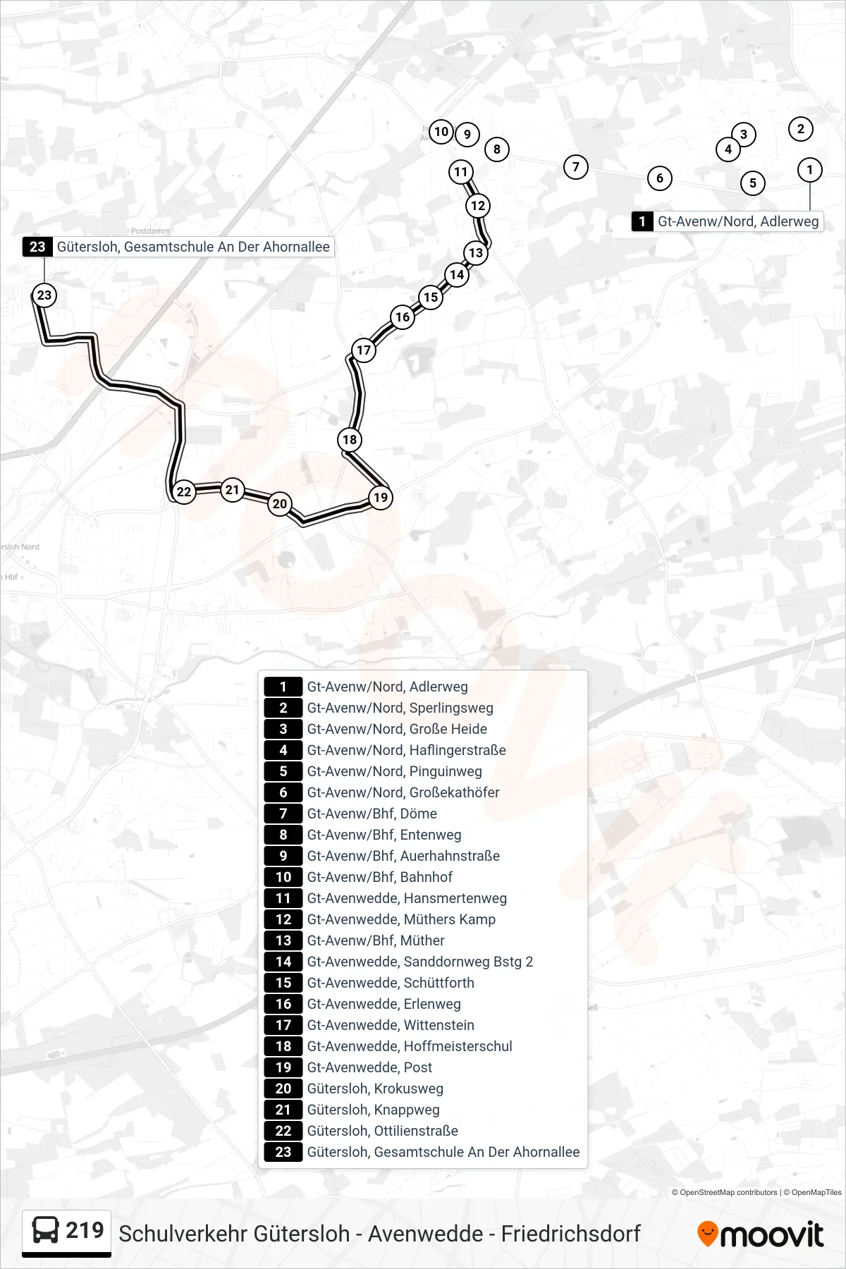 Linie 219 (Bus) Richtung Gütersloh, Gesamtschule An Der Ahornallee: Route und Haltestellen auf der Karte