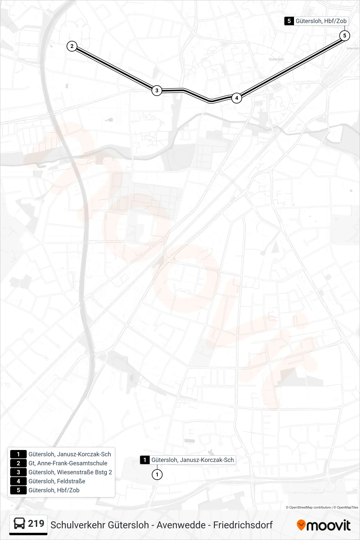 219 bus Line (Gütersloh, Zob) route and stops on a map