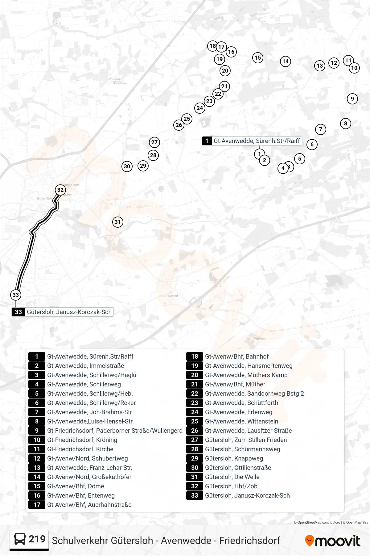 219 bus Line (Gütersloh, Janusz-Korczak-Sch) route and stops on a map