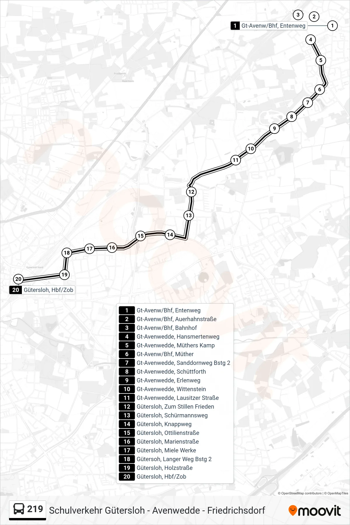 219 bus Line (Gütersloh, Zob) route and stops on a map