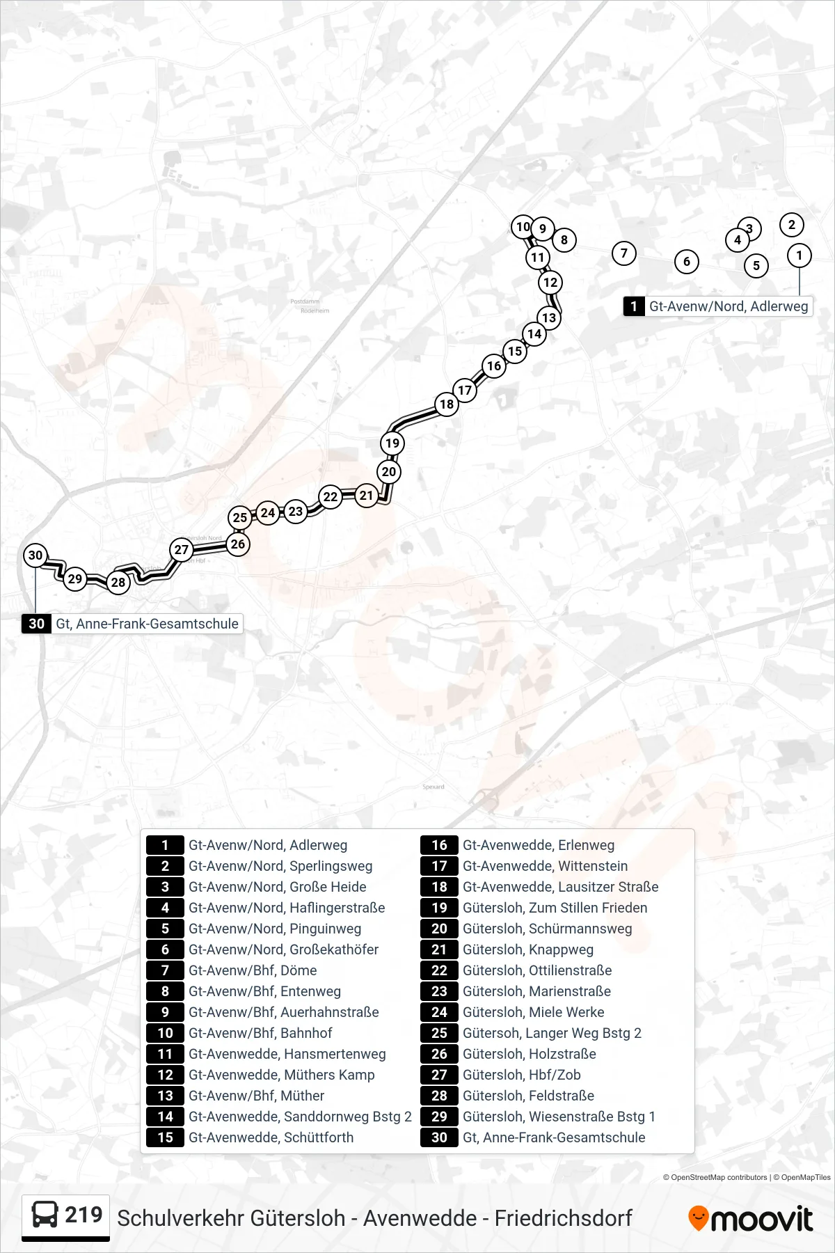 219 bus Line (Gt, Anne-Frank-Gesamtschule) route and stops on a map