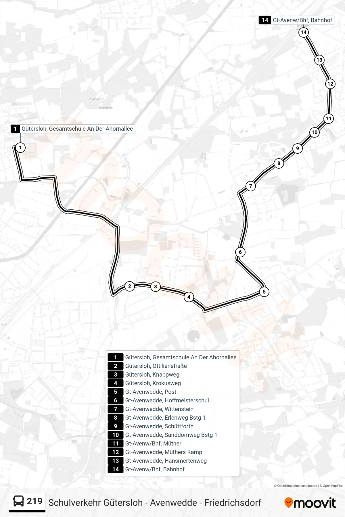 219 bus Line (Gt-Avenw/Bhf, Bahnhof) route and stops on a map