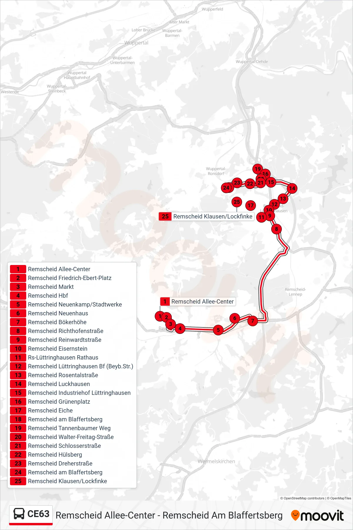 CE63 bus Line (Remscheid am Blaffertsberg) route and stops on a map