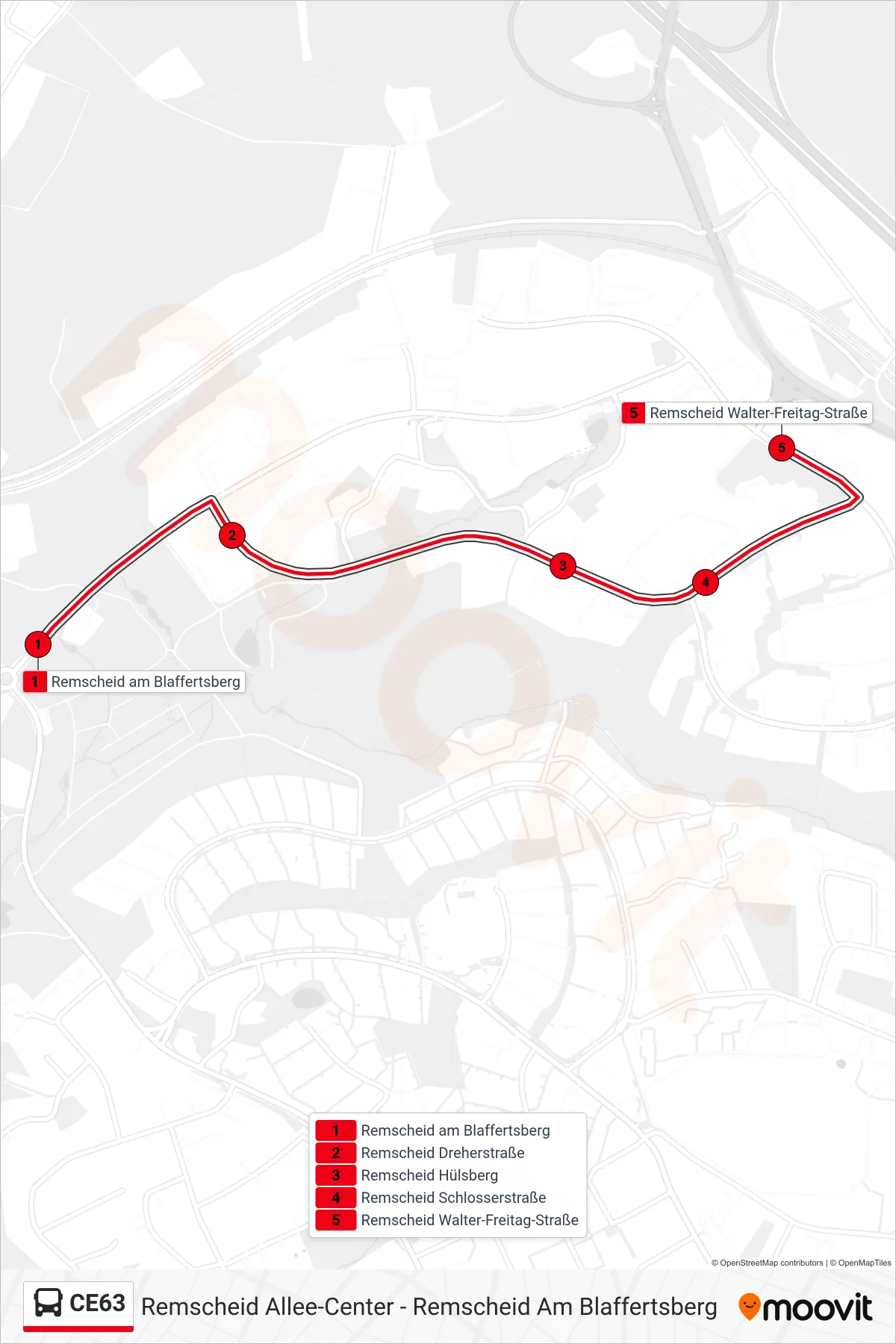 CE63 bus Line (Remscheid Walter-Freitag-Straße) route and stops on a map