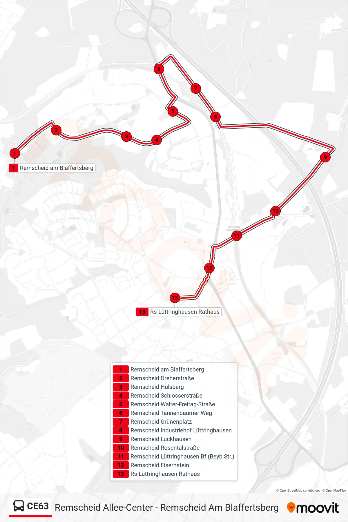 Linie CE63 (Bus) Richtung Remscheid Lüttringhausen Rathaus: Route und Haltestellen auf der Karte