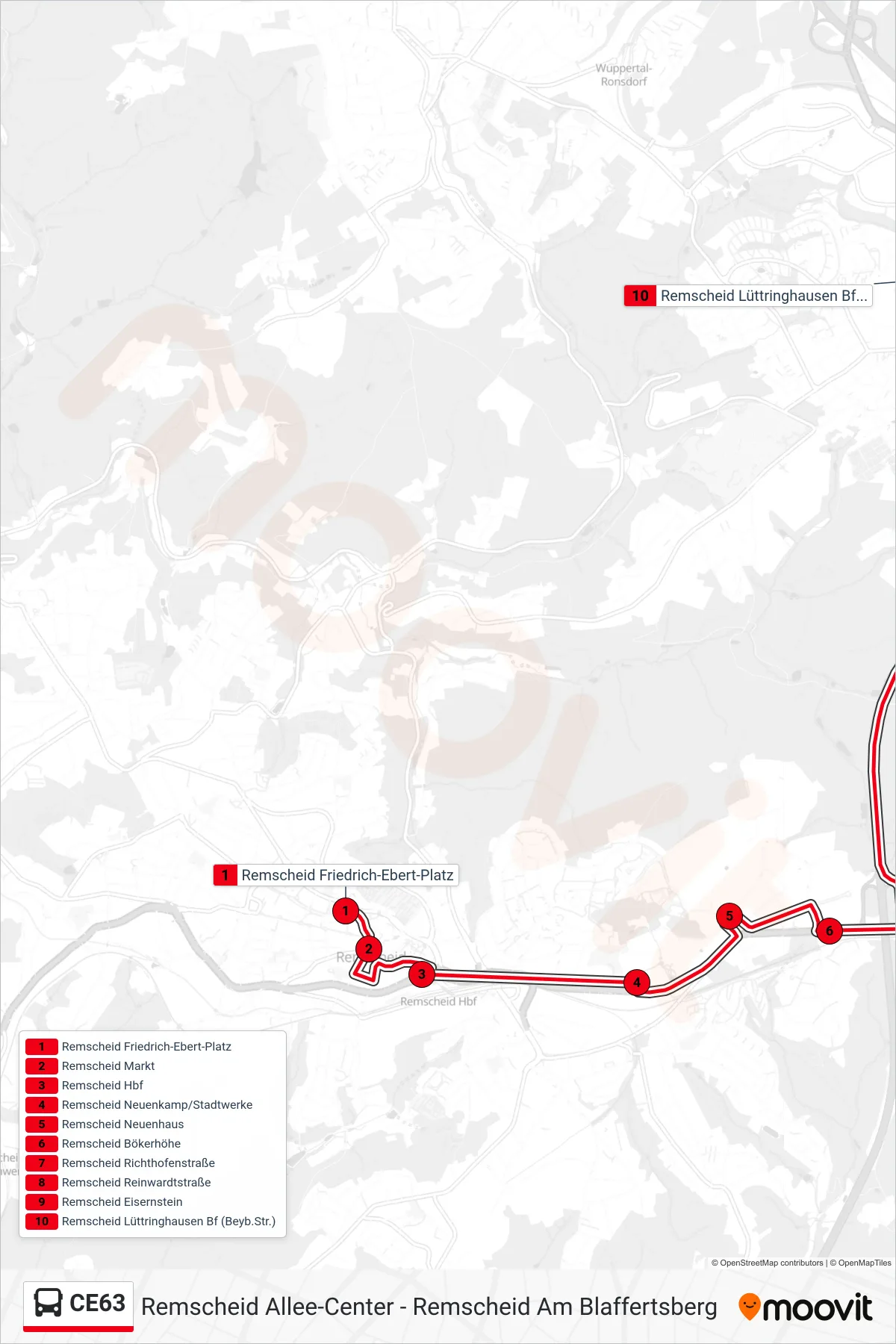 CE63 bus Line (Remscheid Lüttringhausen Bf (Beyb.Str.)) route and stops on a map