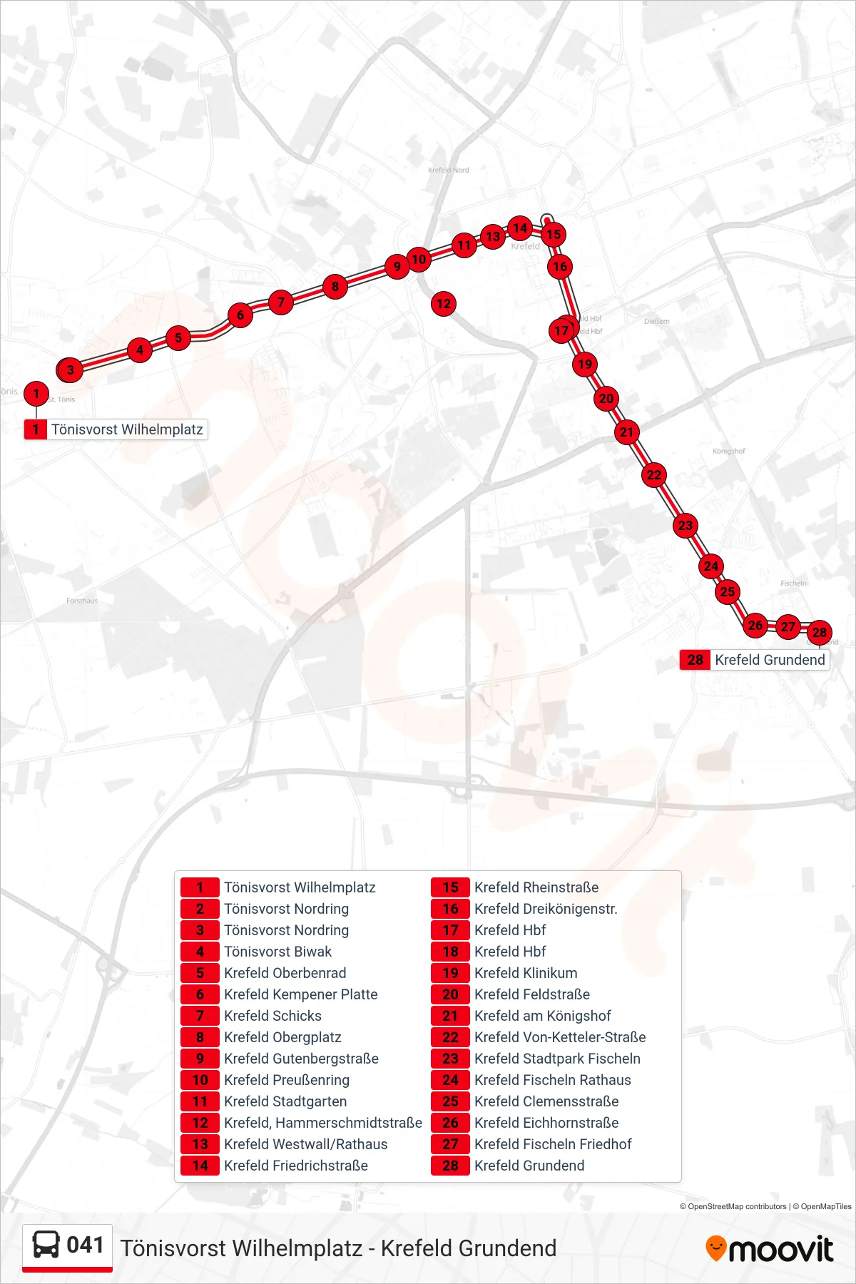 041 bus Line (Krefeld Grundend) route and stops on a map