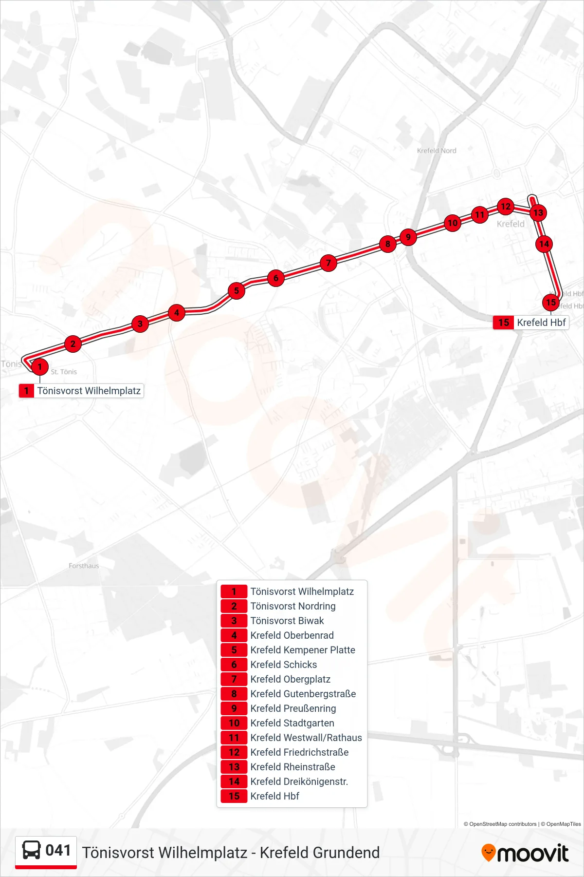 041 bus Line (Krefeld Hbf) route and stops on a map