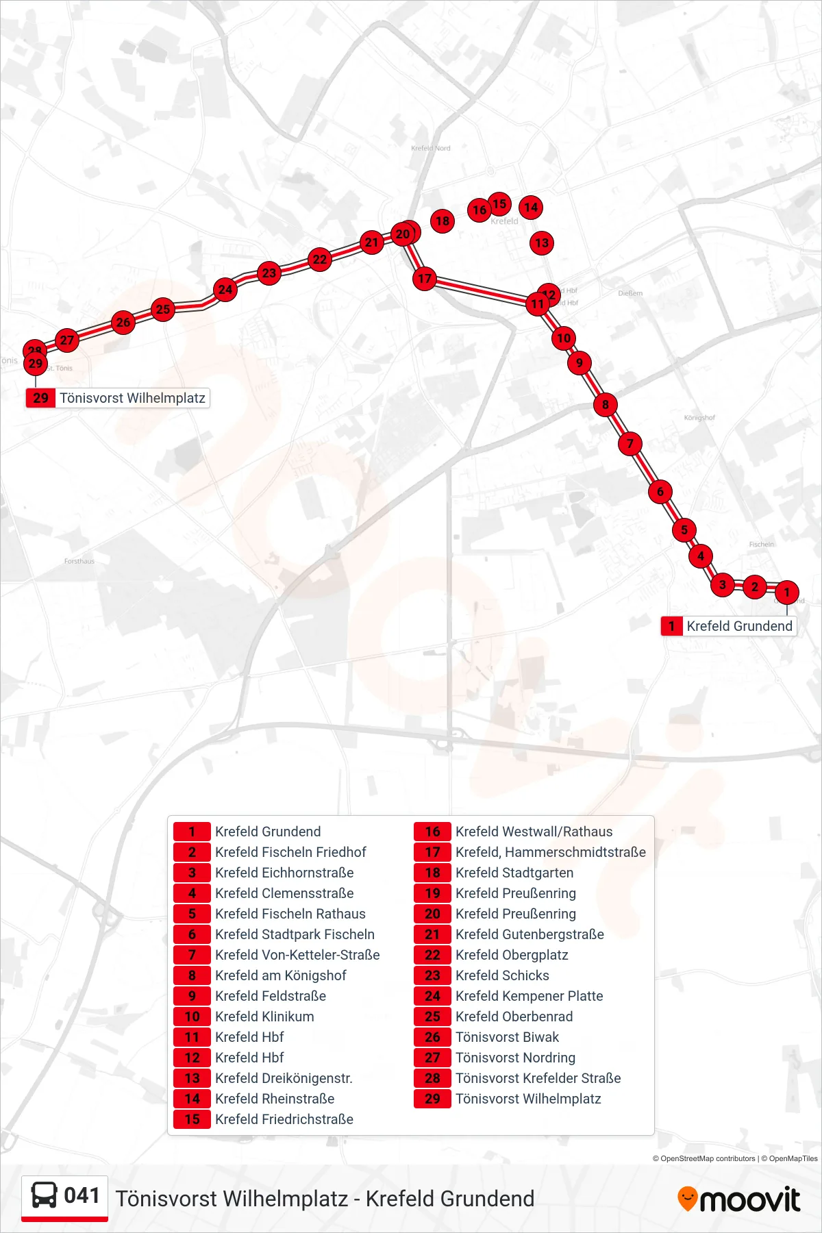 041 bus Line (Tönisvorst Wilhelmplatz) route and stops on a map