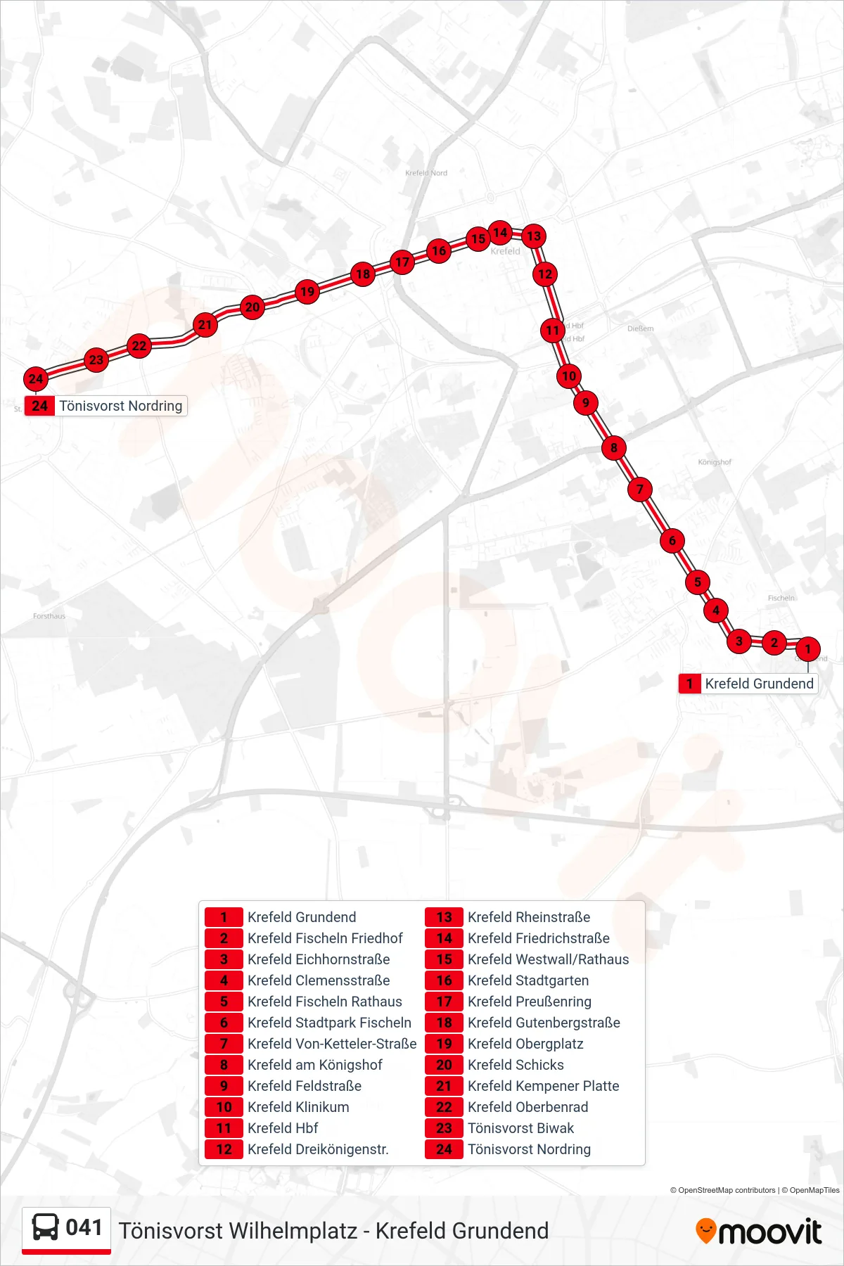 Linie 041 (Bus) Richtung Tönisvorst Nordring: Route und Haltestellen auf der Karte