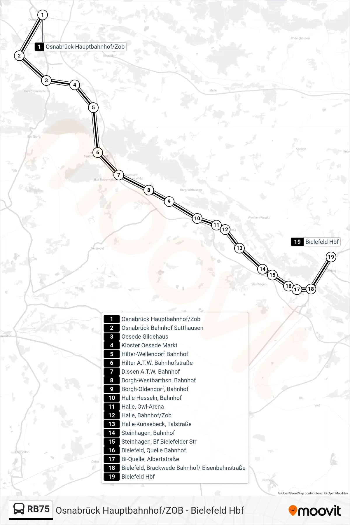 Linie RB75 (Bus) Richtung Bielefeld Hbf: Route und Haltestellen auf der Karte