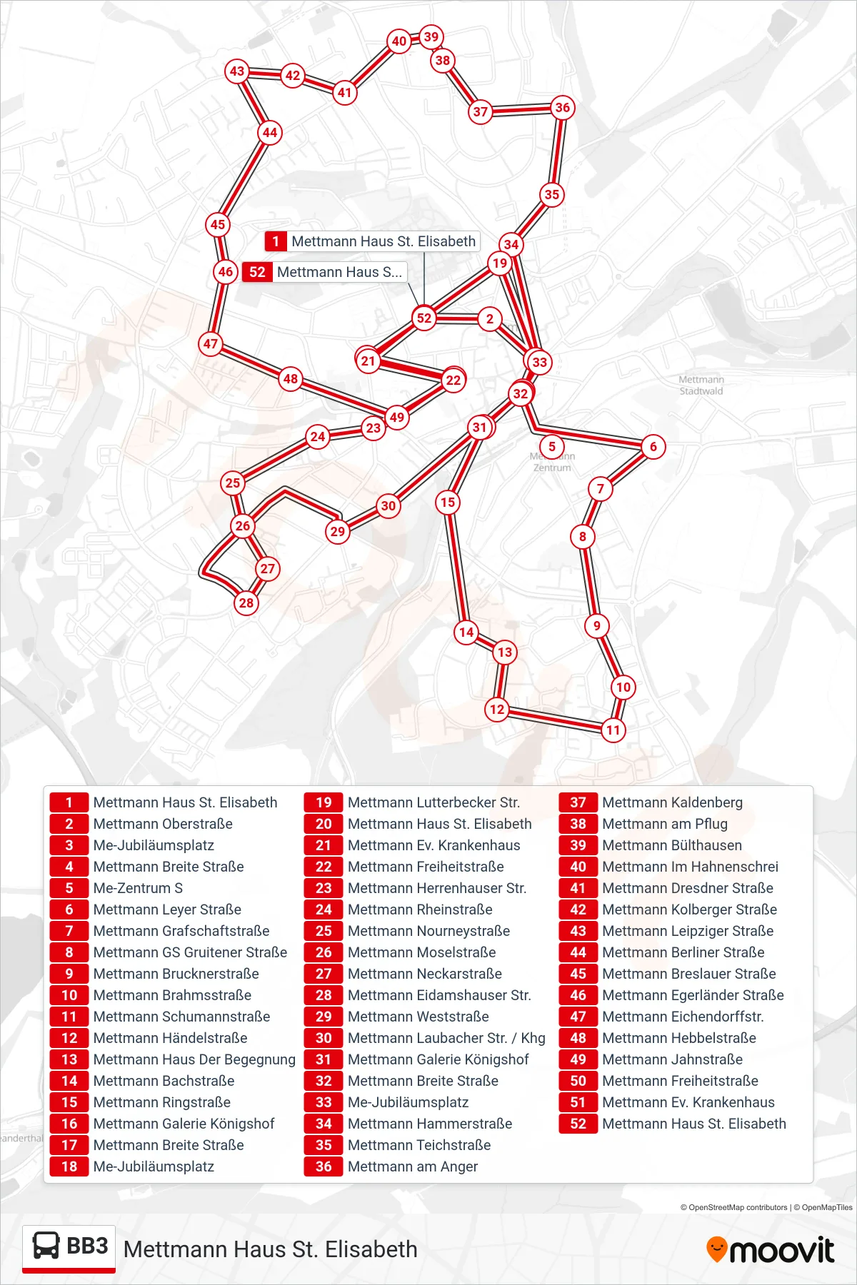 Linie BB3 (Bus) Richtung Mettmann Haus St. Elisabeth: Route und Haltestellen auf der Karte