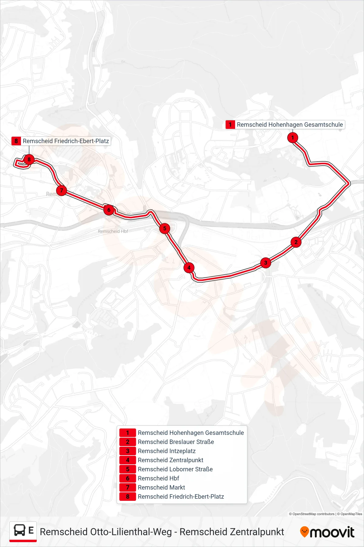 Linie E (Bus) Richtung Remscheid Friedrich-Ebert-Platz: Route und Haltestellen auf der Karte