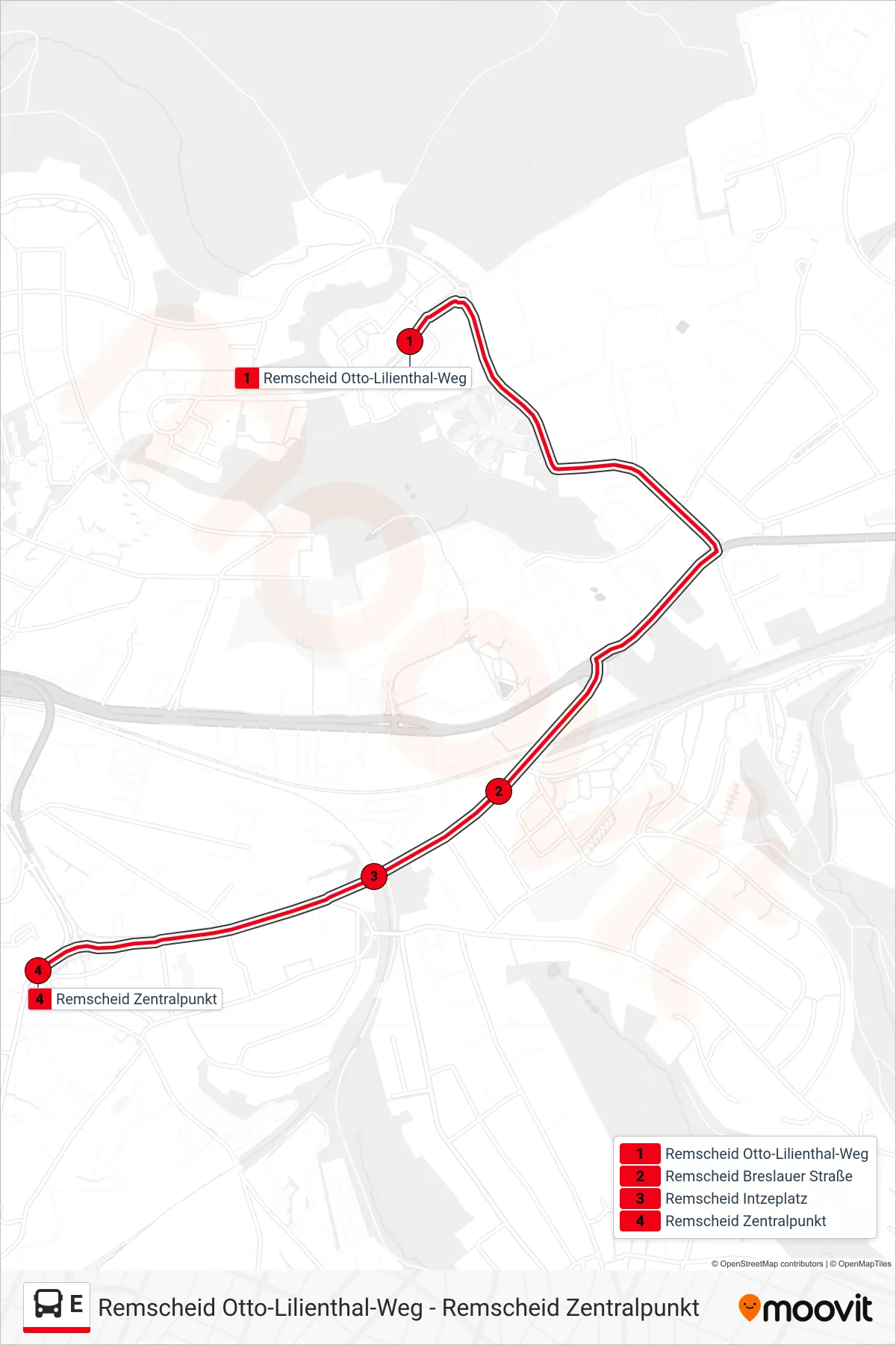 Linie E (Bus) Richtung Remscheid Zentralpunkt: Route und Haltestellen auf der Karte