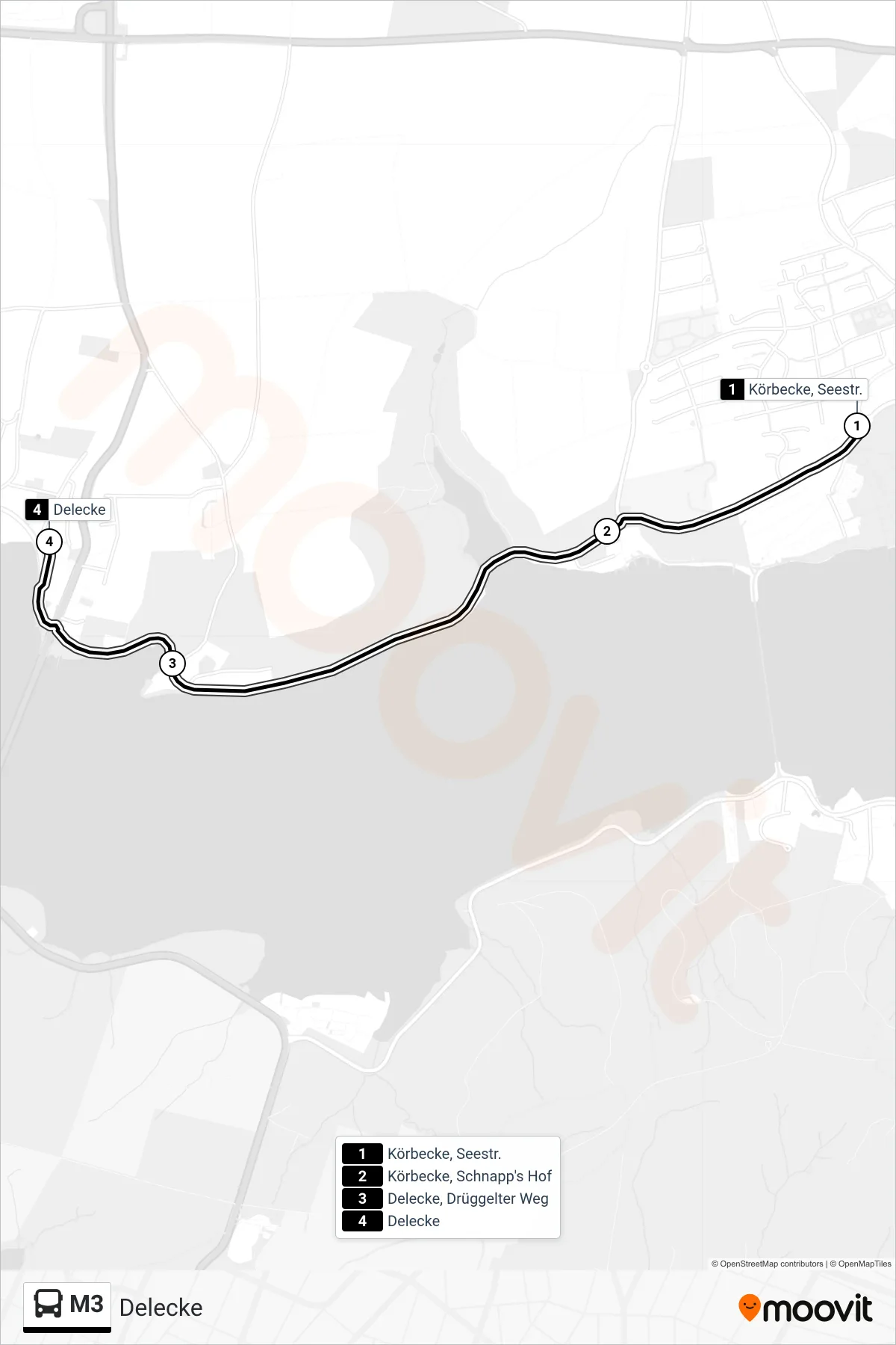 M3 bus Line (Delecke) route and stops on a map