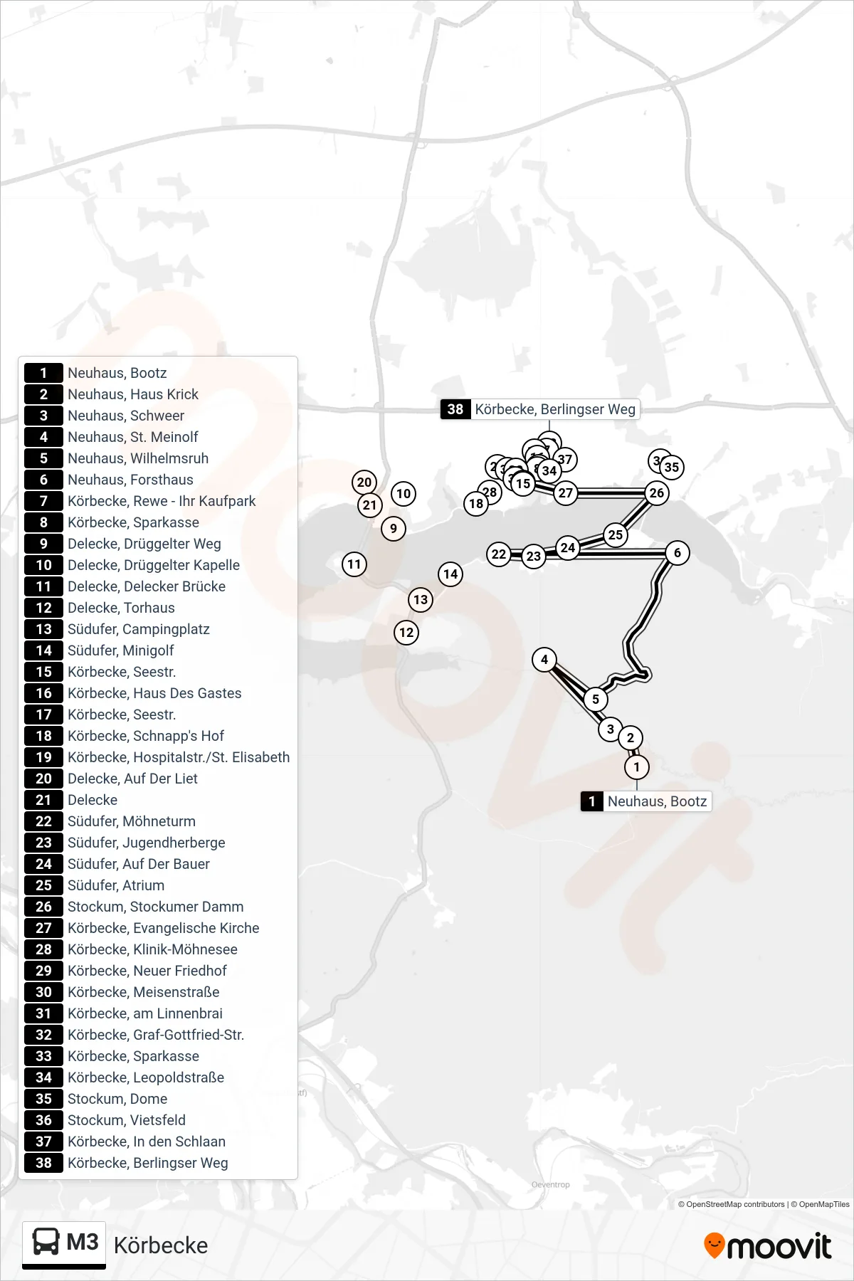 M3 bus Line (Körbecke) route and stops on a map