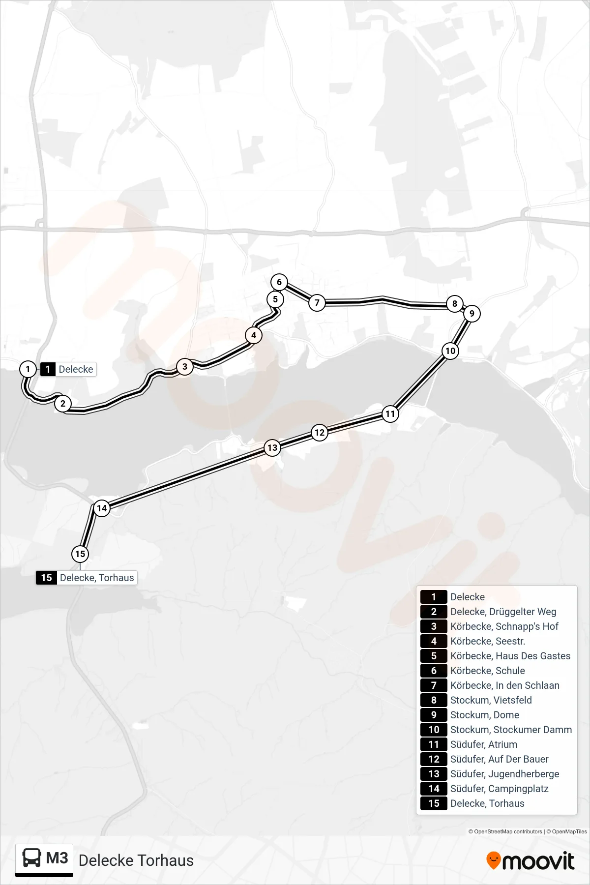 M3 bus Line (Delecke Torhaus) route and stops on a map