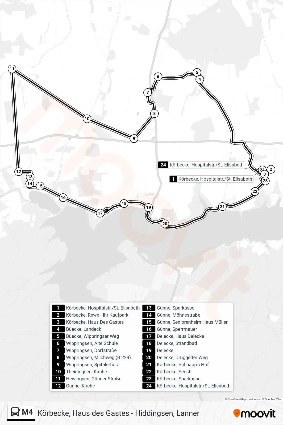M4 bus Line (Körbecke) route and stops on a map