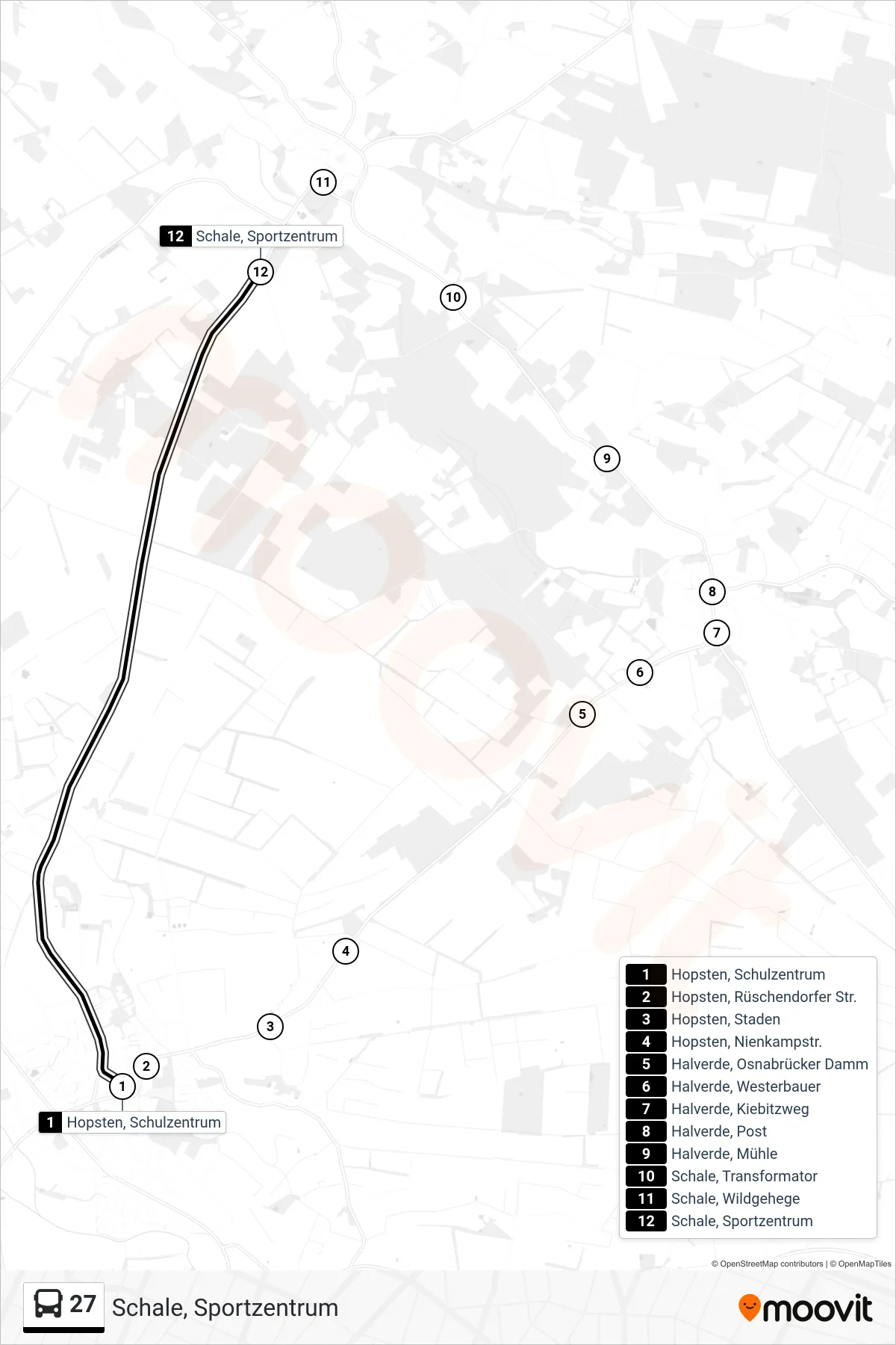 27 bus Line (Schale, Sportzentrum) route and stops on a map