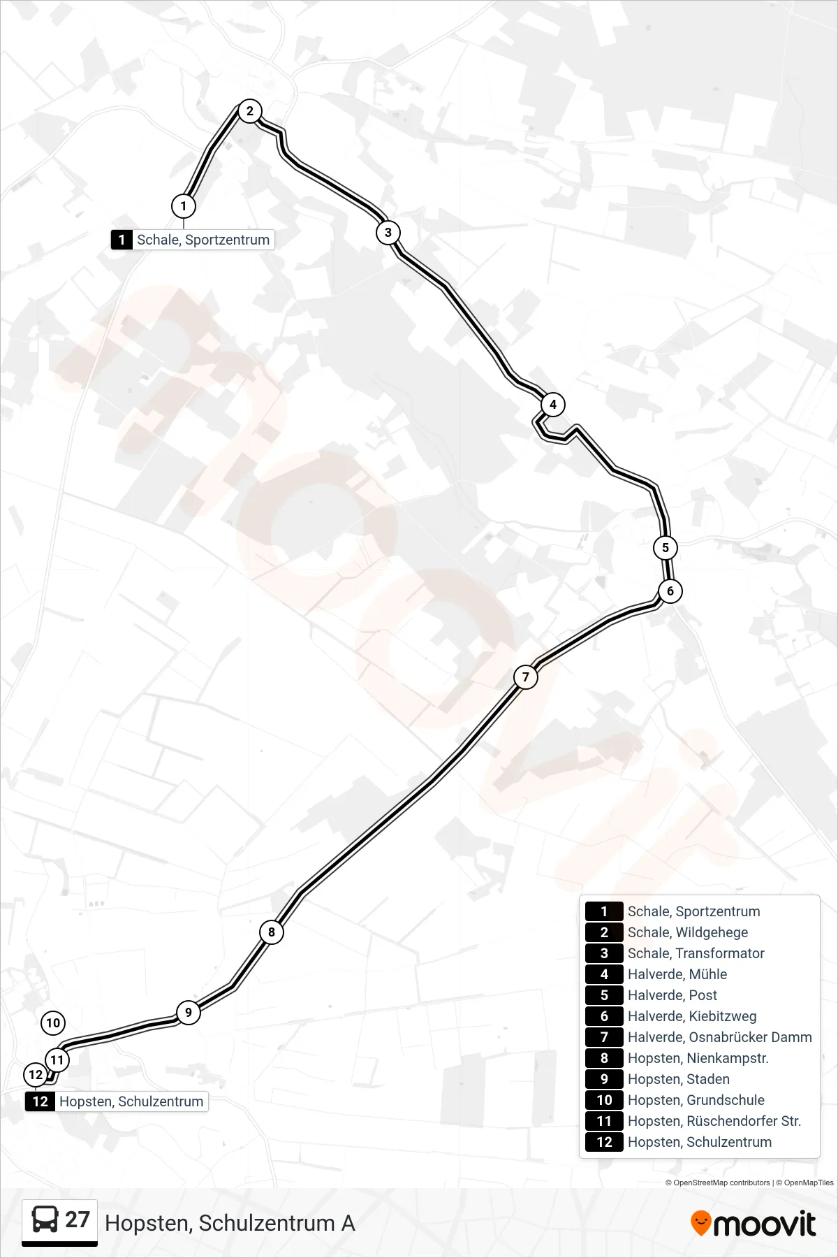 Linie 27 (Bus) Richtung Hopsten, Schulzentrum A: Route und Haltestellen auf der Karte