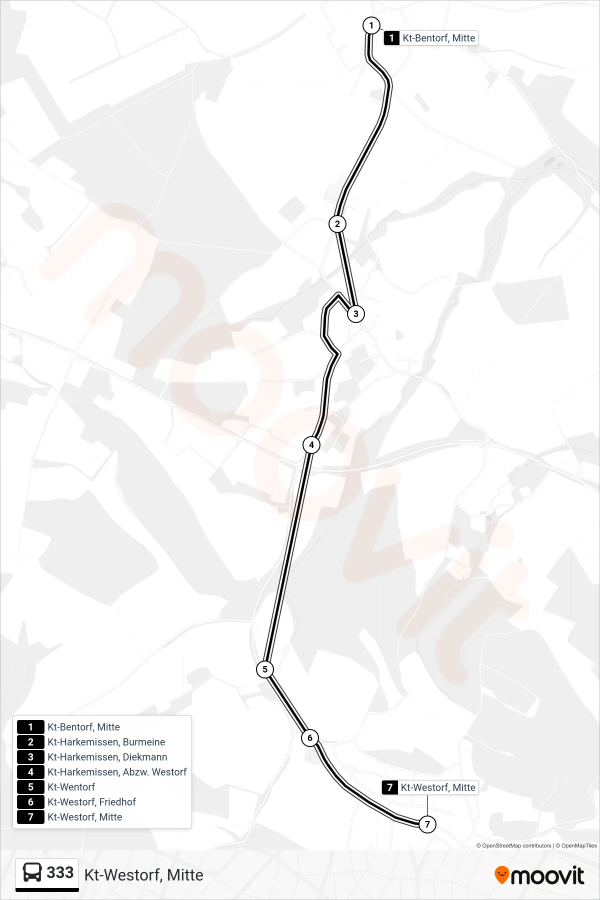 333 bus Line (Kt-Westorf, Mitte) route and stops on a map