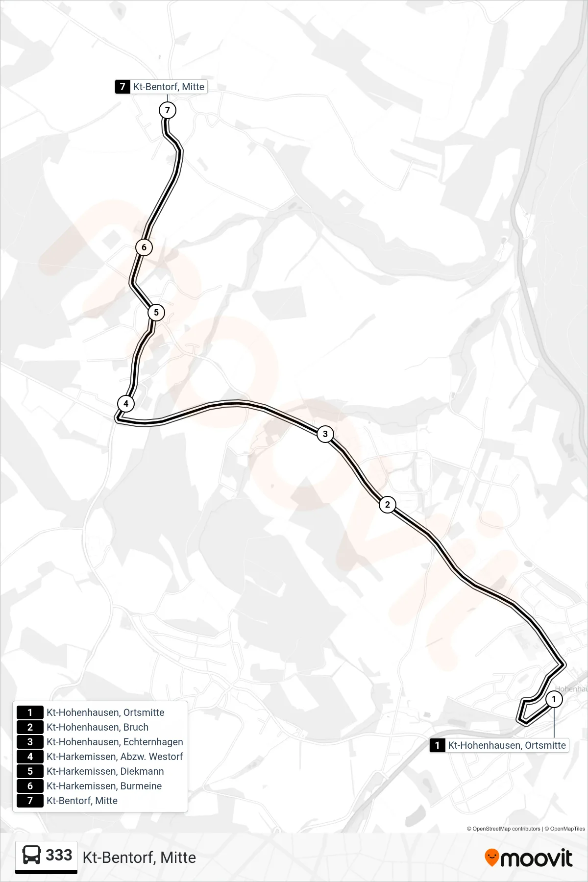 333 bus Line (Kt-Bentorf, Mitte) route and stops on a map