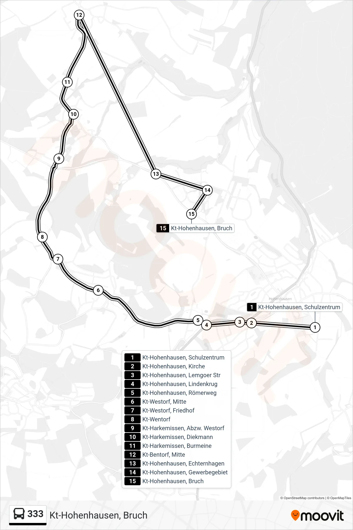 333 bus Line (Kt-Hohenhausen, Bruch) route and stops on a map