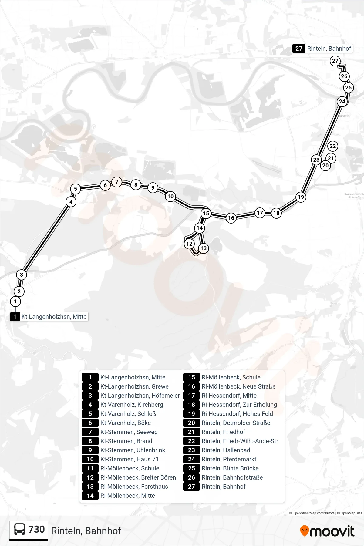 730 bus Line (Rinteln, Bahnhof) route and stops on a map