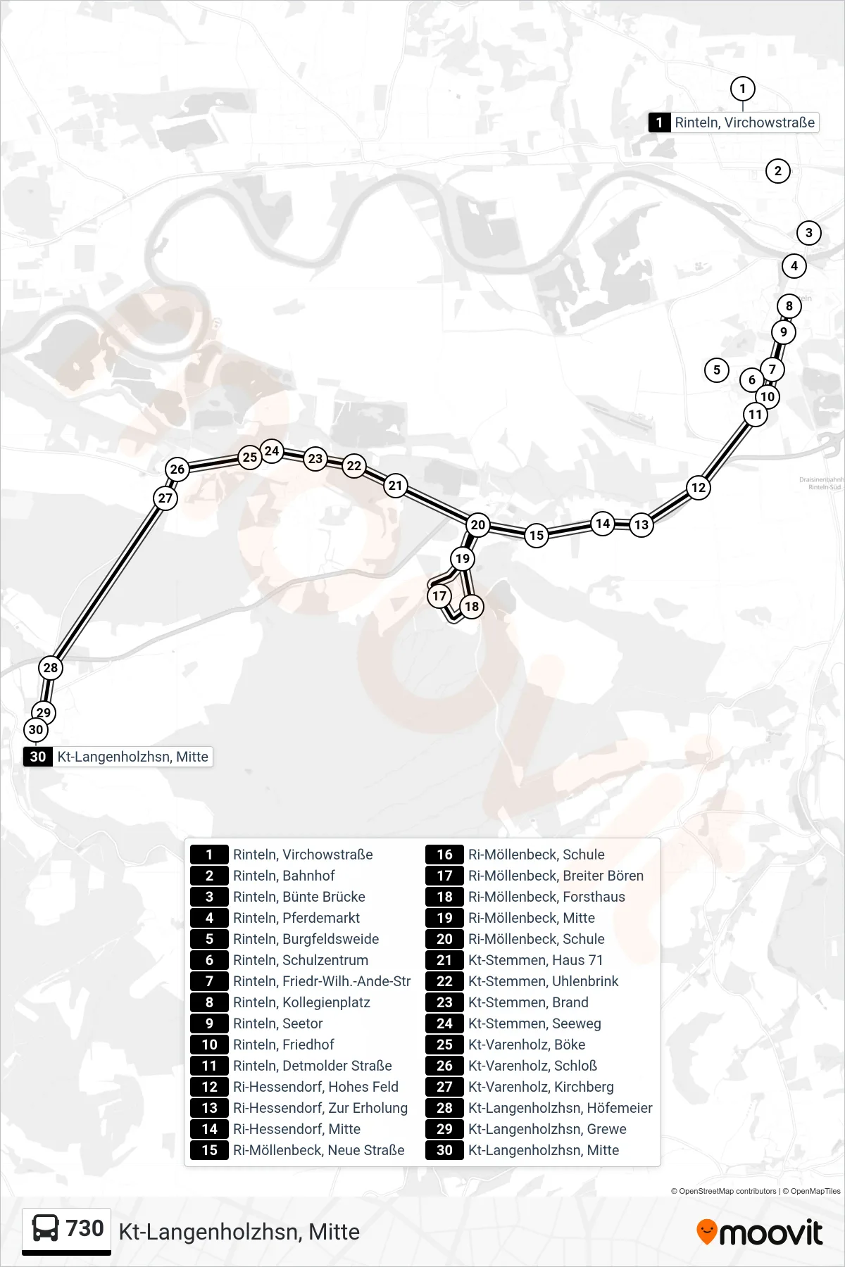 730 bus Line (Kt-Langenholzhsn, Mitte) route and stops on a map