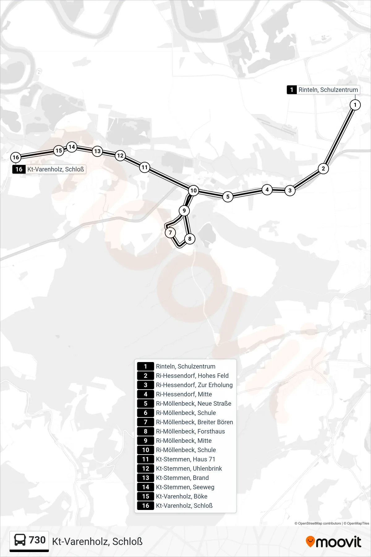 Linie 730 (Bus) Richtung Kt-Varenholz, Schloß: Route und Haltestellen auf der Karte