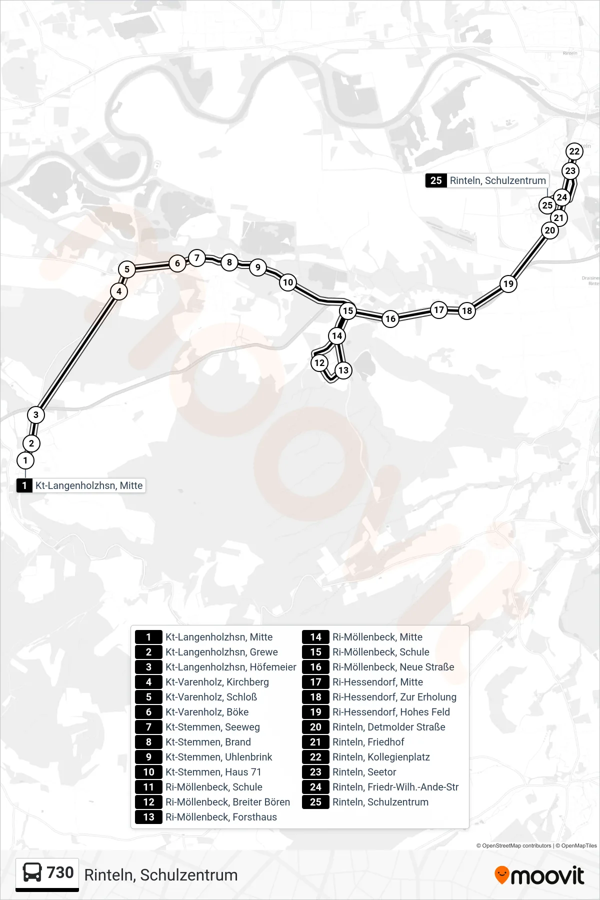 730 bus Line (Rinteln, Schulzentrum) route and stops on a map