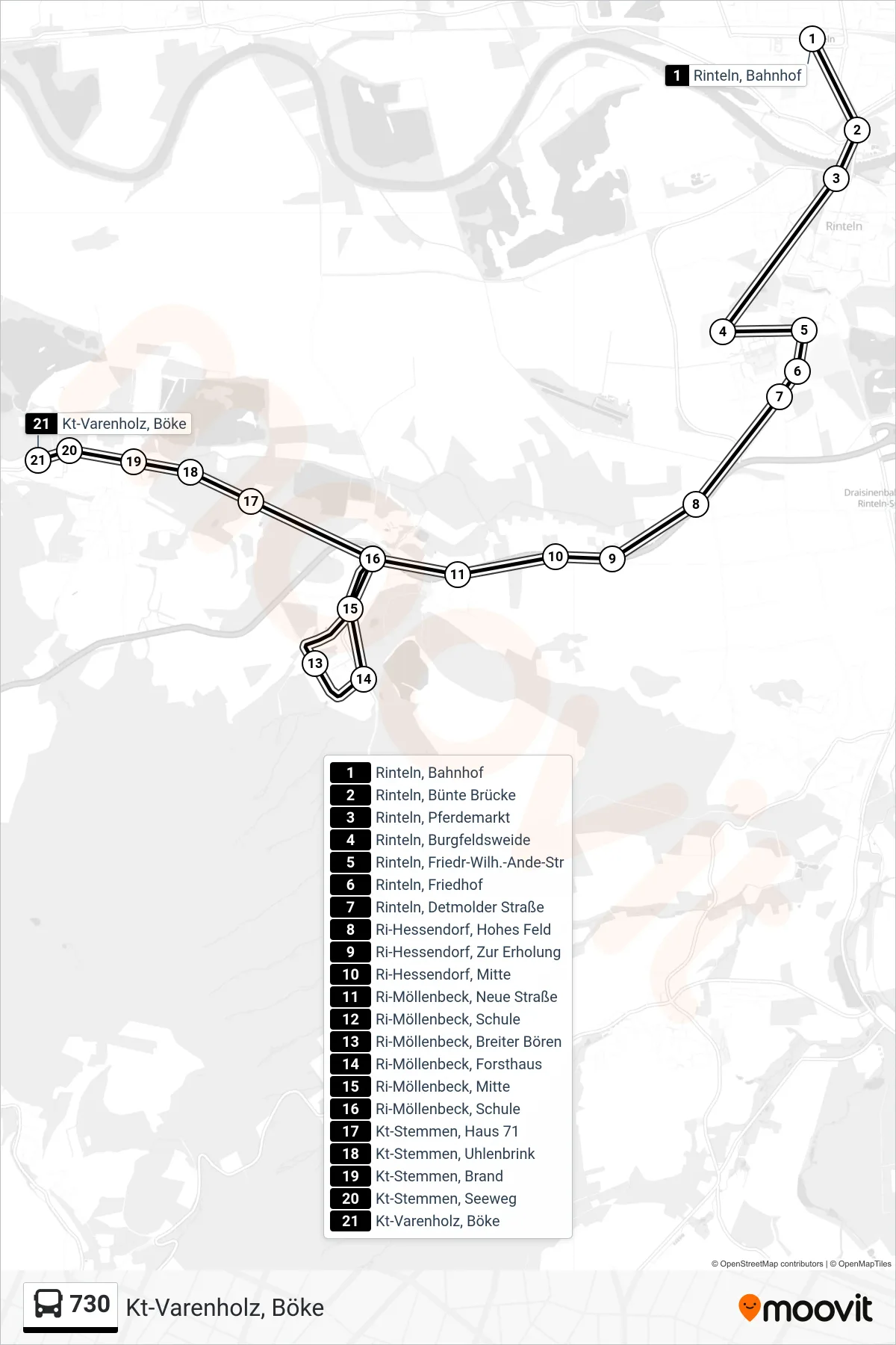 730 bus Line (Kt-Varenholz, Böke) route and stops on a map