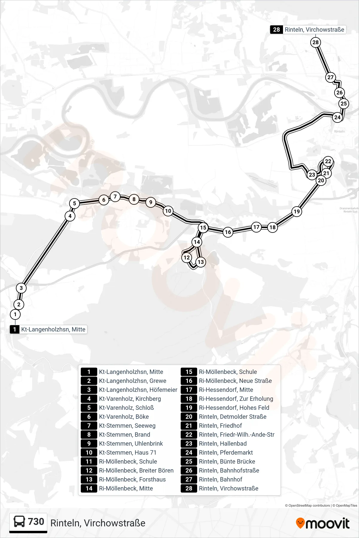 730 bus Line (Rinteln, Virchowstraße) route and stops on a map