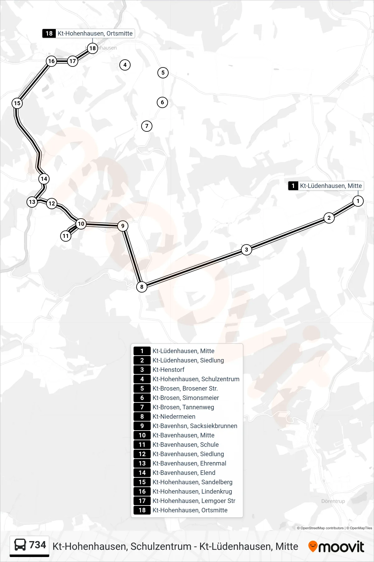 Linie 734 (Bus) Richtung Kt-Hohenhausen, Ortsmitte: Route und Haltestellen auf der Karte