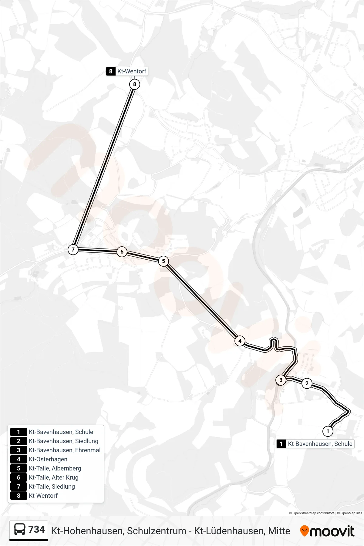 734 bus Line (Kt-Wentorf) route and stops on a map