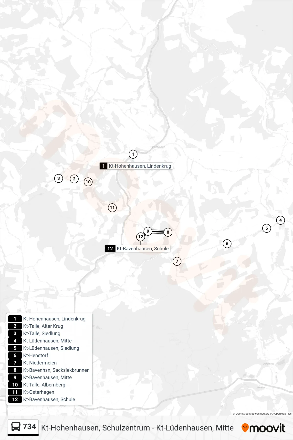 Linie 734 (Bus) Richtung Kt-Bavenhausen, Schule: Route und Haltestellen auf der Karte