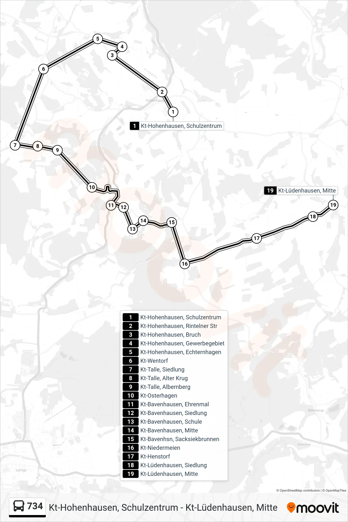 Linie 734 (Bus) Richtung Kt-Lüdenhausen, Mitte: Route und Haltestellen auf der Karte