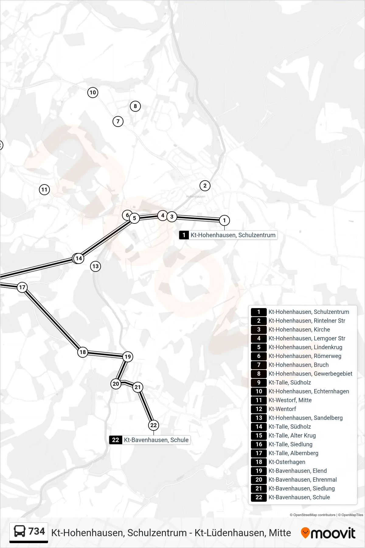 Linie 734 (Bus) Richtung Kt-Bavenhausen, Schule: Route und Haltestellen auf der Karte