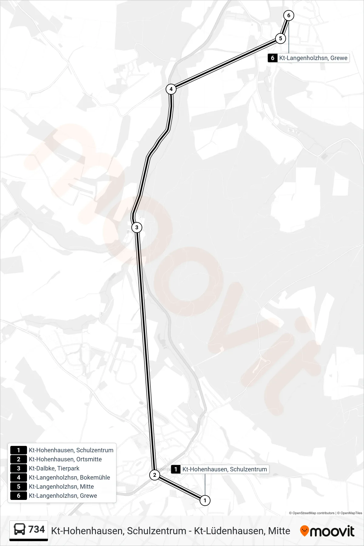 734 bus Line (Kt-Langenholzhsn, Grewe) route and stops on a map