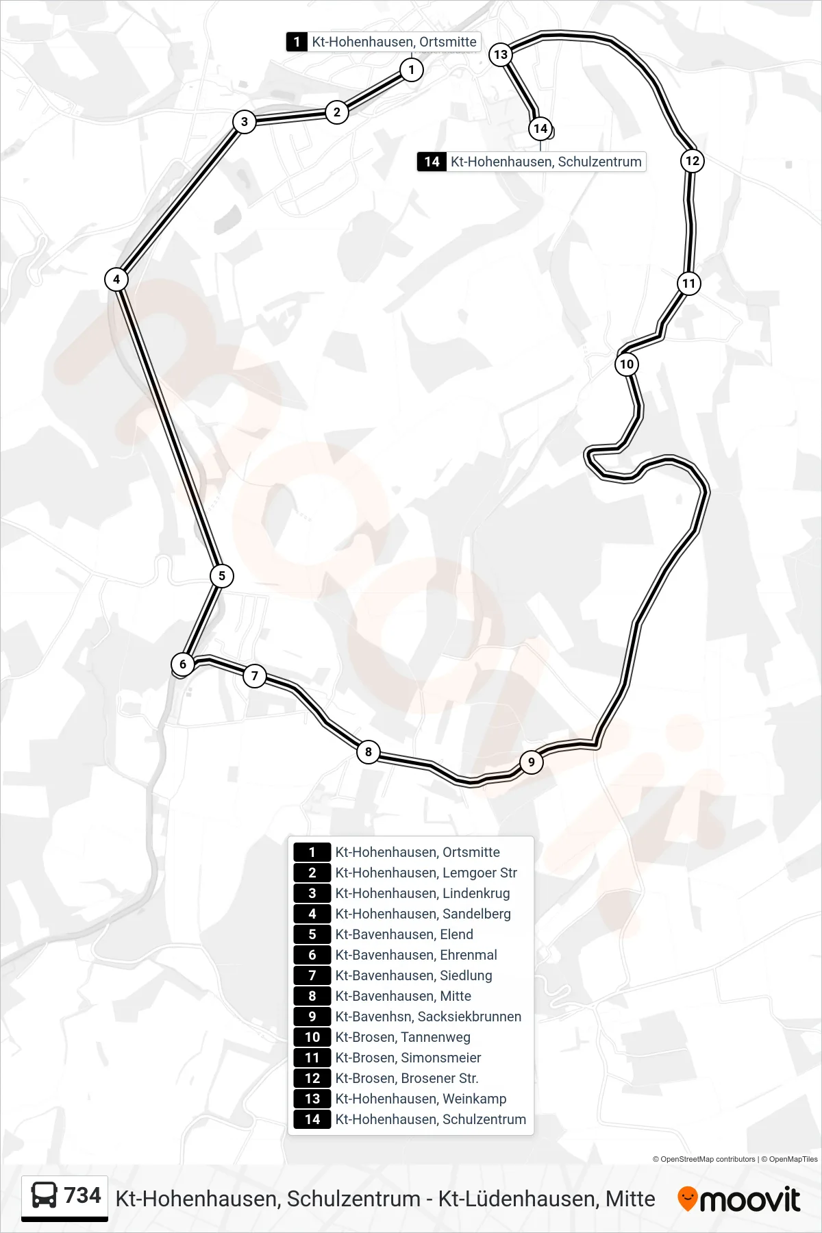 Linie 734 (Bus) Richtung Kt-Hohenhausen, Schulzentrum: Route und Haltestellen auf der Karte