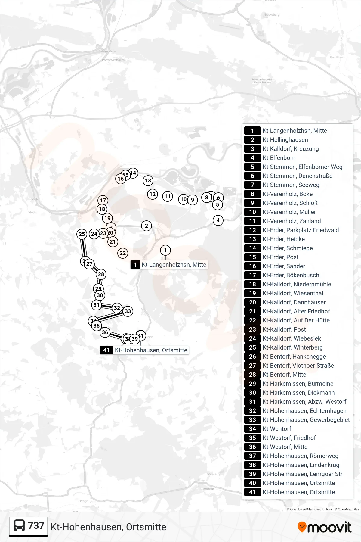 737 bus Line (Kt-Hohenhausen, Ortsmitte) route and stops on a map