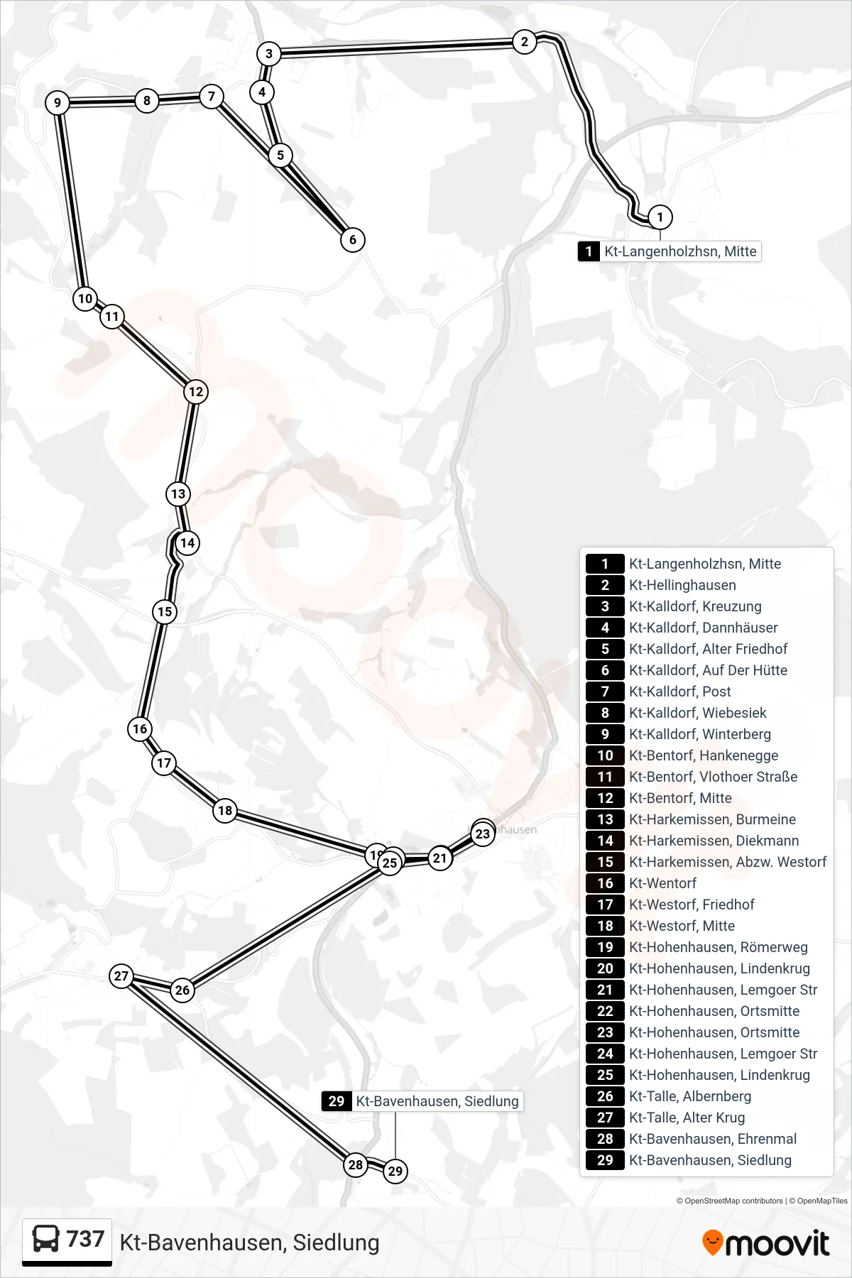 737 bus Line (Kt-Bavenhausen, Siedlung) route and stops on a map