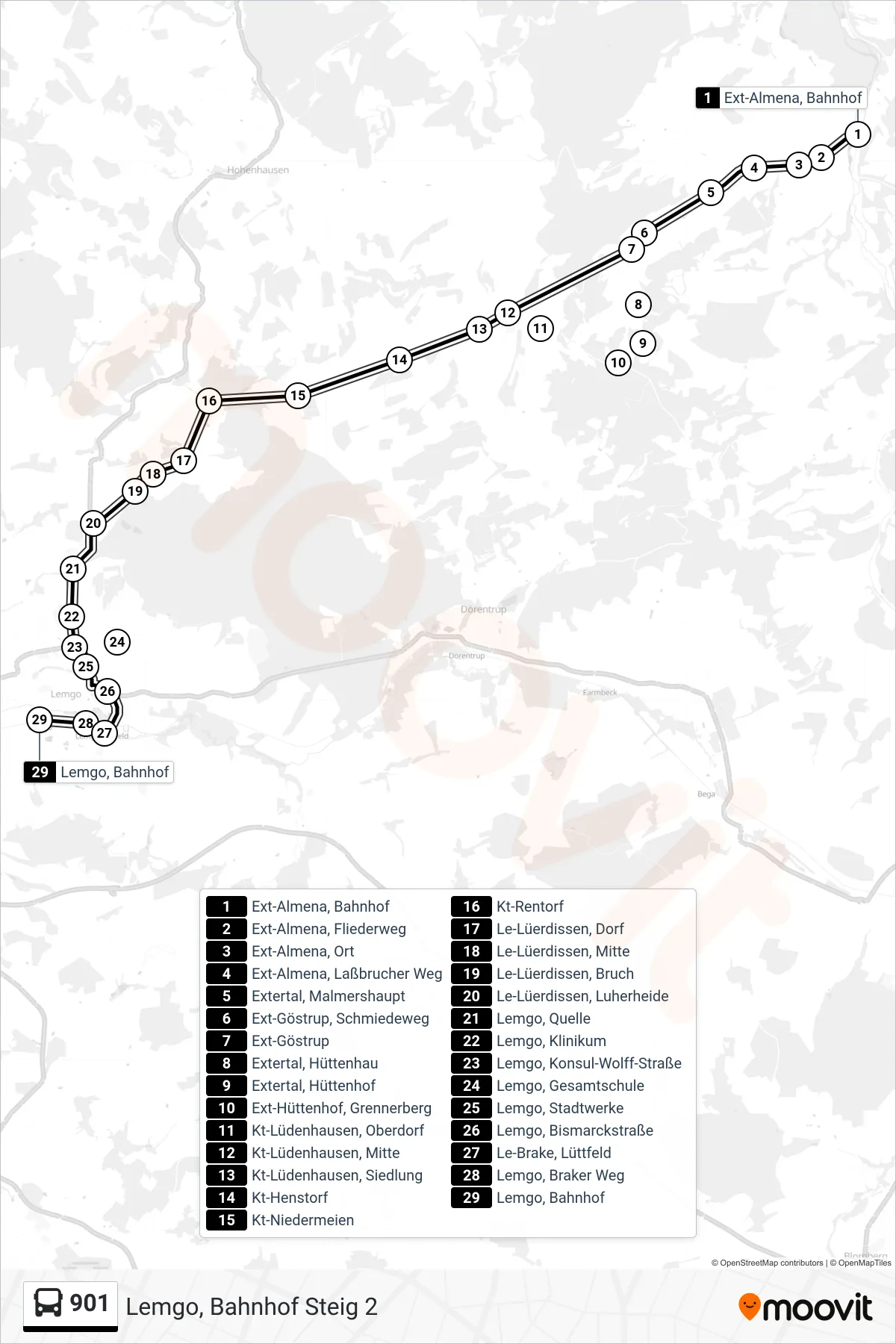 Linie 901 (Bus) Richtung Lemgo, Bahnhof Steig 2: Route und Haltestellen auf der Karte